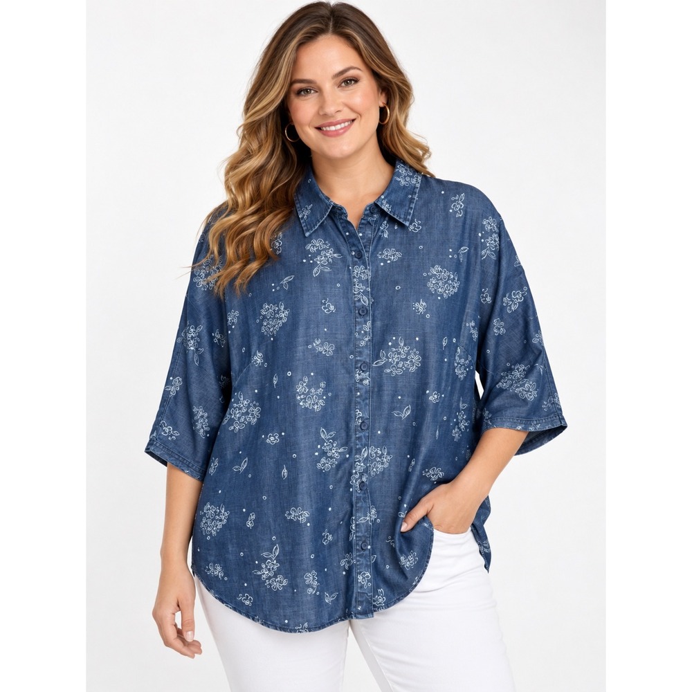 Coldwater Creek Button Front Shirt Womens XL Blue Floral Tencel Denim Look Top